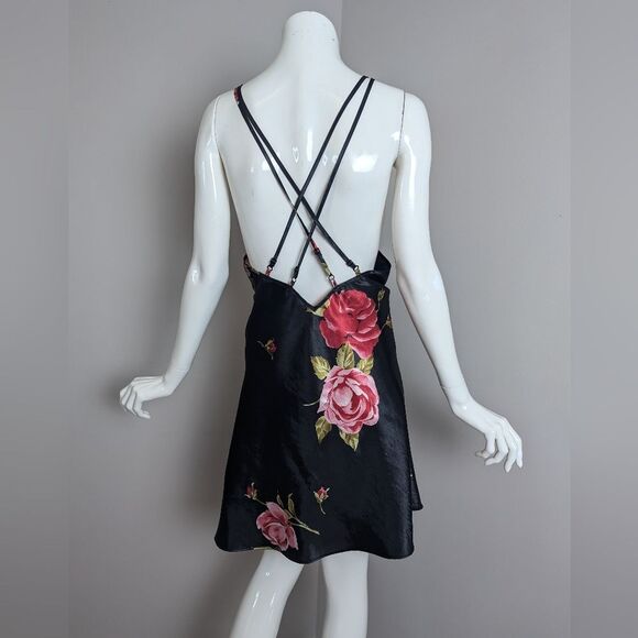 Vintage La Vie en Rose Black Floral Satin Slip Dress – Crisscross Back – SzLarge - Picture 4 of 12